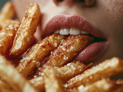Close-up of a person eating crispy french fries with salt sprinkled on them