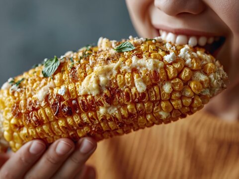 Delicious grilled corn on the cob with cheese and herbs being eaten
