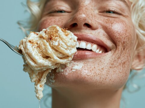 Woman with freckles joyfully eating creamy pasta dish with a fork