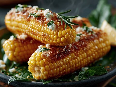 Delicious grilled corn on the cob topped with cheese and herbs
