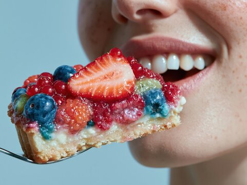 Close-up of a person about to eat a delicious fruit tart with fresh berries