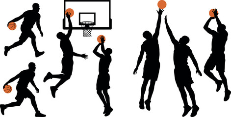 Basketball Player Silhouette Collection with Dribbling, Dunking, Shooting, and Jump Ball Action Poses Isolated on White Background © DarparajDab