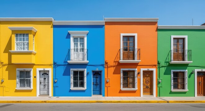 Una hilera de casas residenciales con fachadas coloridas alineadas junto a una calle pavimentada limpia con aceras estrechas y luz natural, pueblo, acera, ruta