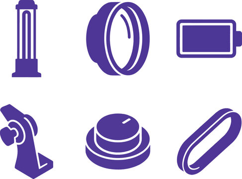 High intensity uv lamps icon set for forensic use with lamp and battery