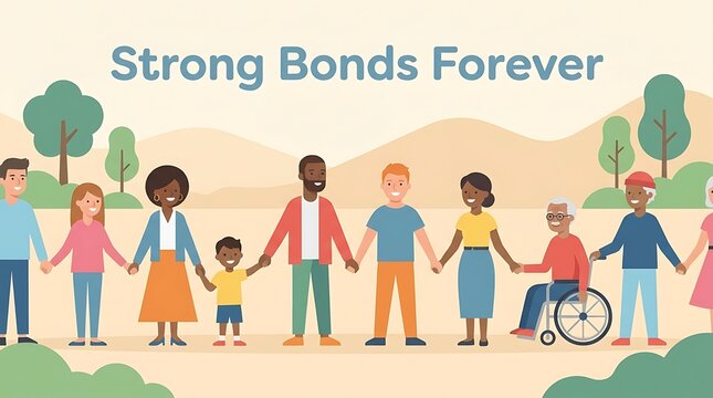 "Strong Bonds Forever" is written on a flat graphic of pals holding hands