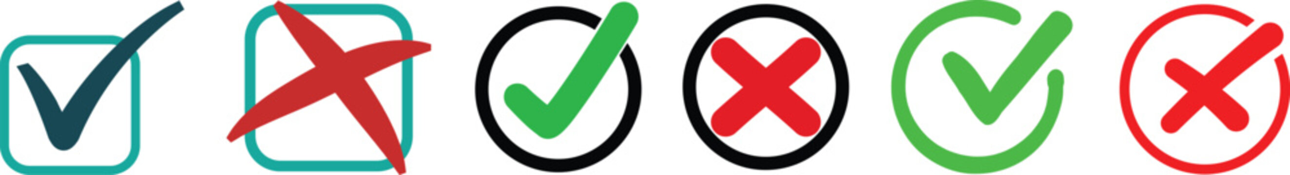 Check mark icon set. Check box icon with right and wrong buttons, yes or no checkmark icons. green tick box and red cross symbol. Check box icon with right and wrong buttons