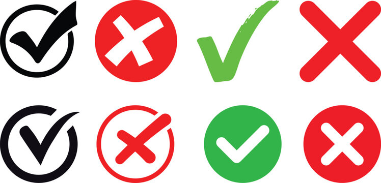 Check mark icon set. Check box icon with right and wrong buttons, yes or no checkmark icons. green tick box and red cross symbol. Check box icon with right and wrong buttons