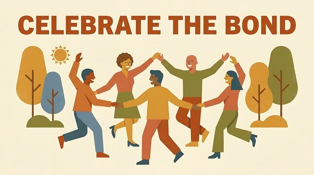 Flat illustration of friends dancing, text &ldquo;Celebrate the Bond&rdquo;