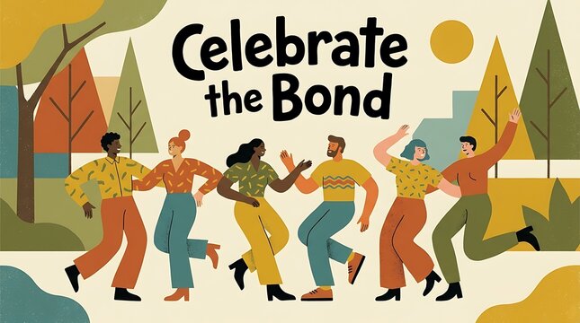 "Celebrate the Bond" is written alongside a flat image of pals dancing