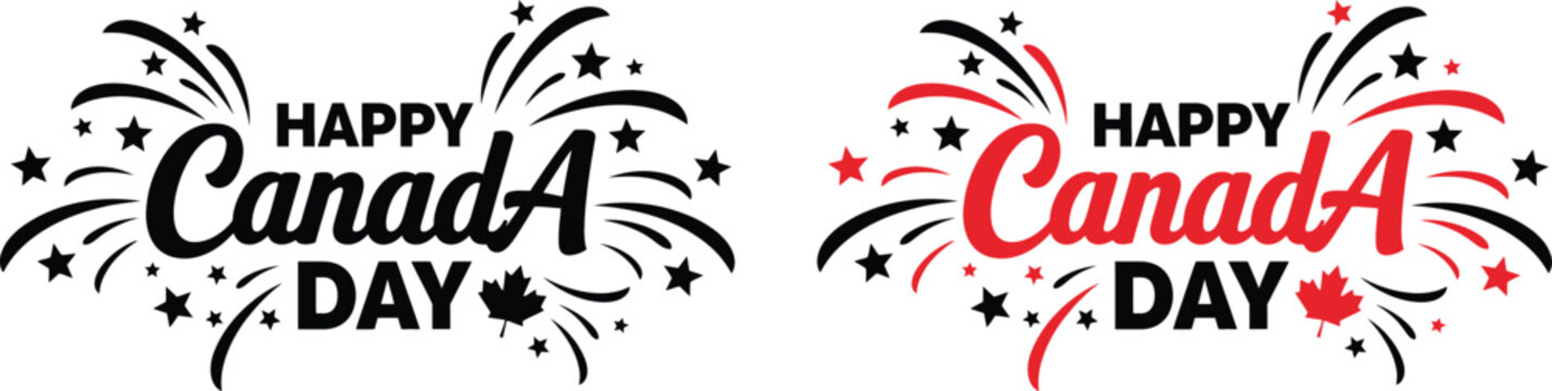 Canada day vector designs festive typography with maple leaves fireworks