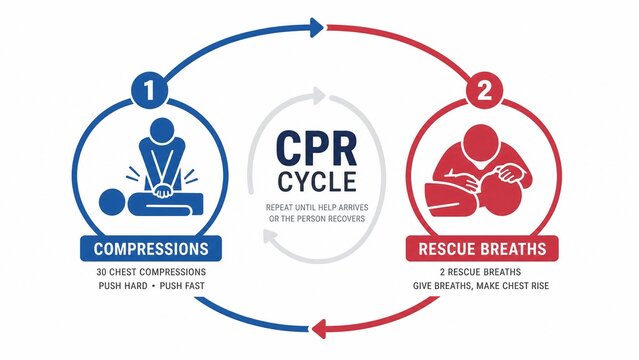 CPR Cycle Infographic Diagram showing Compressions and Rescue Breaths