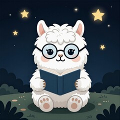 Fototapeta premium Cute cartoon alpaca with glasses reading book under starry night sky illustration