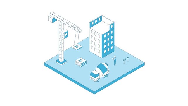 Building construction stroke isometric concept. Outline isometric footage wit building, construction crane, concrete mixer and worker.