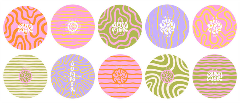 Deformed uneven organic lines wavy stripes vector funky groovy maze round circle backgrounds set. Hello SUMMER SPRING hand lettering. Doodle patterns collection. Uneven hand drawn curved lines waves