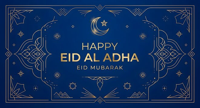 Luxury Blue and Gold Ornate Pattern Background with Happy Eid Al Adha Greeting and Traditional Border