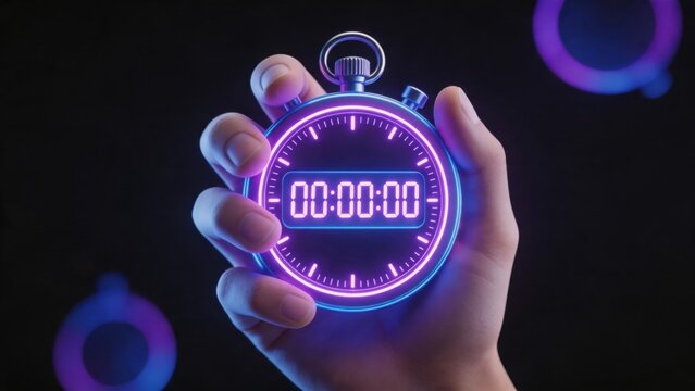 Hand holding neon digital stopwatch