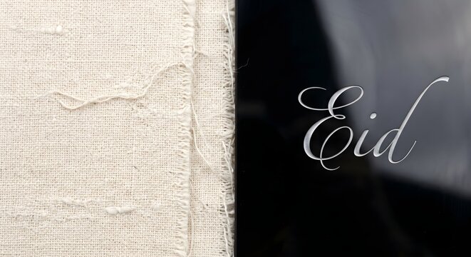 Minimalist Dual Pane Design with White Linen Texture and Elegant Eid Typography on Black Background