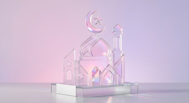 Crystal Glass 3D Mosque Structure with Crescent Moon on Transparent Podium for Modern Islamic Art and Decor