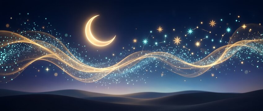 Fantasy Desert Night Sky with Glowing Golden Crescent Moon Stars and Stardust Waves Panoramic Background