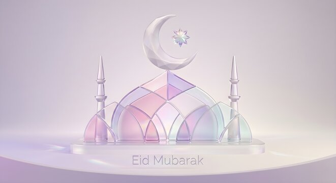 Soft Pastel Colored 3D Mosque Model with Crescent Moon and Star on Podium for Kids Eid Mubarak Greeting