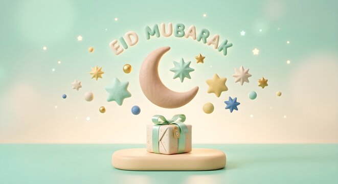 Playful 3D Eid Mubarak Scene with Gift Box Crescent Moon Stars and Colorful Bubbles on Podium