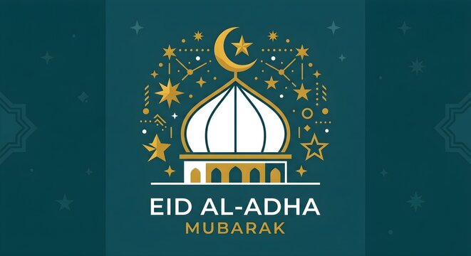 Luxury Eid Al-Adha Mubarak Greeting Emblem with Mosque Dome Stars and Golden Crescent Moon Illustration
