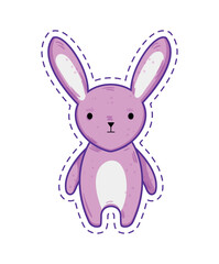 Obraz premium Vector illustration of a sweet plush pink rabbit toy with long ears standing straight. Cute cartoon sticker icon with a dashed cut line isolated on a white background.