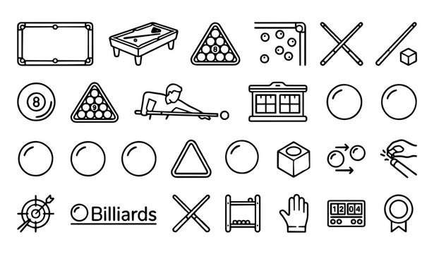 Pool Table and Billiards Icon Set with Cue Sticks, Eight Ball, Triangle Rack, Chalk, Player, Scoreboard, and Snooker Equipment Outline Vector