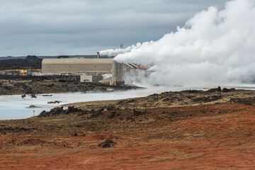 Fototapeta premium Geothermal power station in Gunnuhver, an active geothermal area of hot springs, mud pools and fumaroles on the southwestern tip of the Reykjanes Peninsula in Iceland, Europe