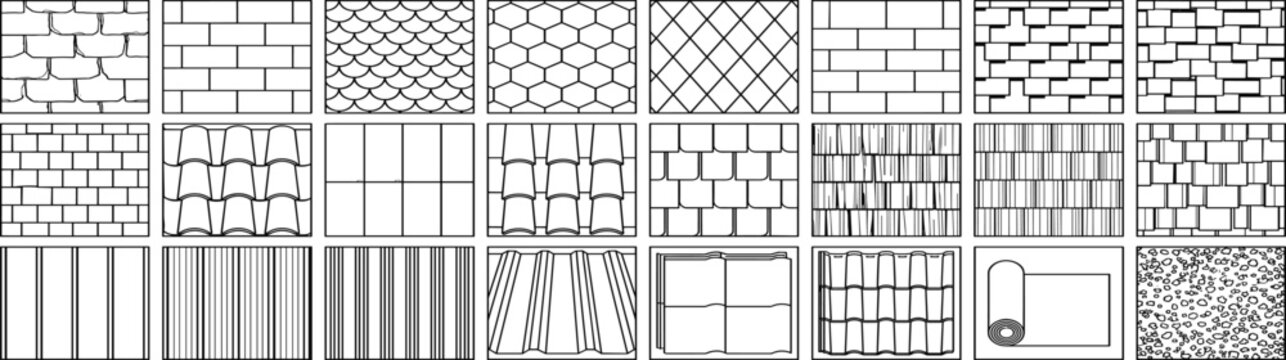 Architectural Surface Hatch Pattern Set for CAD Technical Drawing Tile Brick Roof Texture Seamless Vector Illustration

