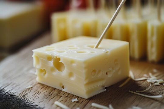 Small wooden pick piercing a cube of swiss cheese, showcasing its characteristic holes, resting on a wooden cutting board with scattered cheese shavings