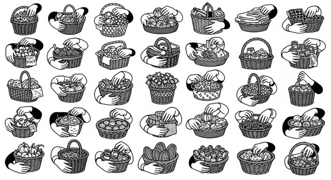 Collection of Hand Drawn Popcorn Kernels in Black and White.