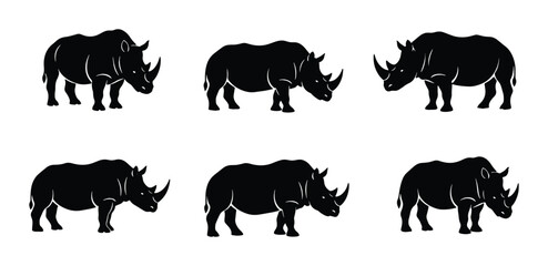 Black Rhinoceros Silhouettes, Six African Wildlife Icons, Vector Graphic Set for Conservation Themes © Shilpi
