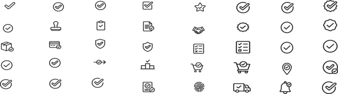 Checkmark and Approved web icon set in line style. Checklist, accepted, stamp, accept, agree, quality control, collection. Editable stroke. Vector illustration.