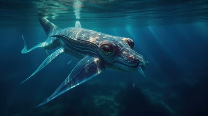 Fototapeta premium A hybrid squid-shark creature prowls the depths, combining speed and intelligence in a surreal hunting scene.