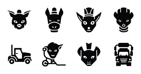 Fantasy Creature Icons, Mythical Beast Heads, Stylized Animals, Transportation Symbols, Vector Set © Shilpi