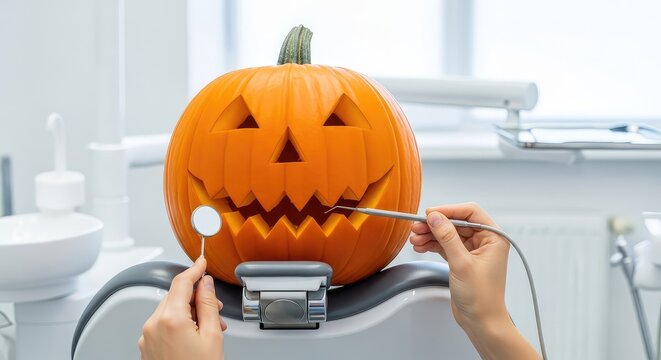 A cheerful carved orange Halloween pumpkin sits in a professional dental chair, getting a checkup with medical tools in a bright clinic, treatment, vegetable, healthcare