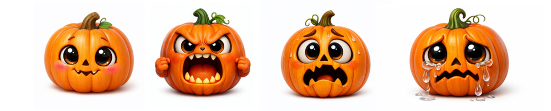 Bashful, Sad, Scared, Angry Emotional Cartoon Halloween Jack o Lantern Pumpkin Characters on a White Background