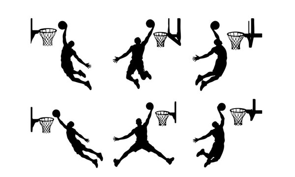 Vector  silhouette  set of a male basketball player slam dunk, scoring the ball to the net , transparent background