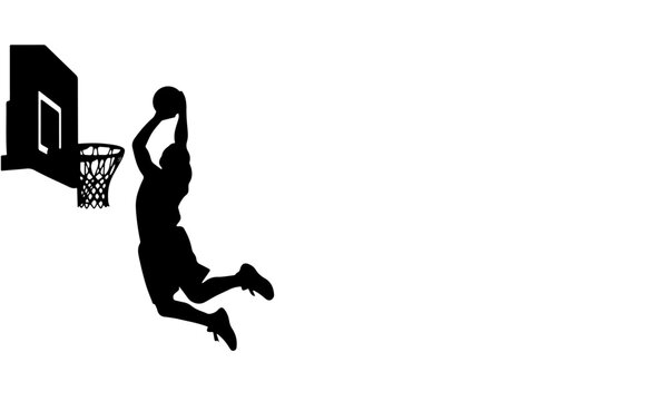Vector silhouette of a male basketball player slam dunk, scoring the ball to the net , transparent background 