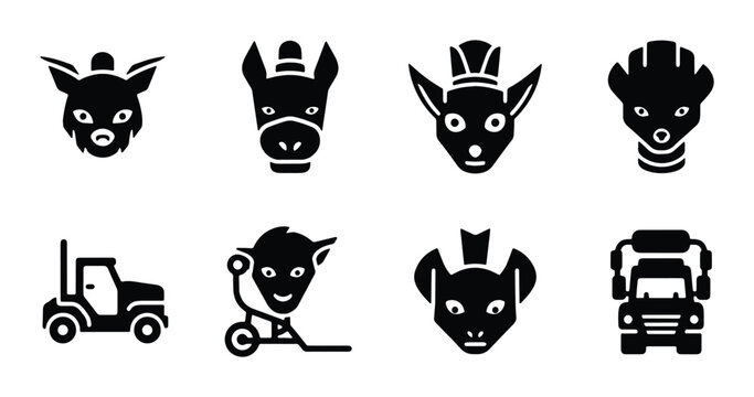 Fantasy Creature Icons, Mythical Beast Heads, Stylized Animals, Transportation Symbols, Vector Set