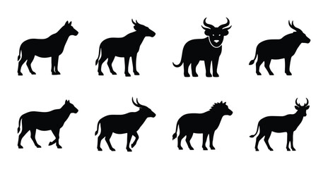 Fototapeta premium Wildebeest Silhouette Collection, African Wildlife Vector Icons, Safari Animal Graphics, Mammal Herd Set
