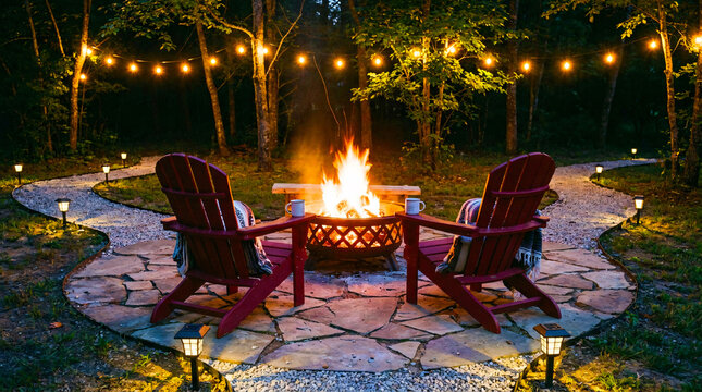 Cozy backyard fire pit with Adirondack chairs at night