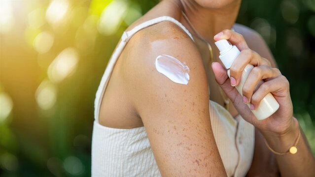 Sunscreen applied to freckled shoulder in summer sunlight, spf lotion on skin, spray bottle application, outdoor photoprotection face body, broad spectrum uva uvb defense, sunburn prevention