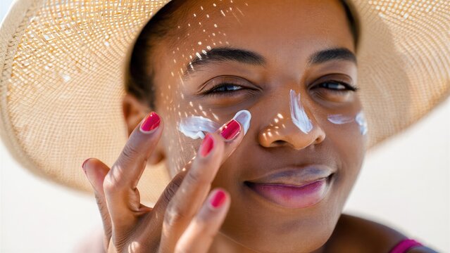 Applying sunscreen on face with straw hat for summer skin protection, daily SPF skincare routine, preventing sun damage, outdoor wellness, healthy habits for sun care awareness