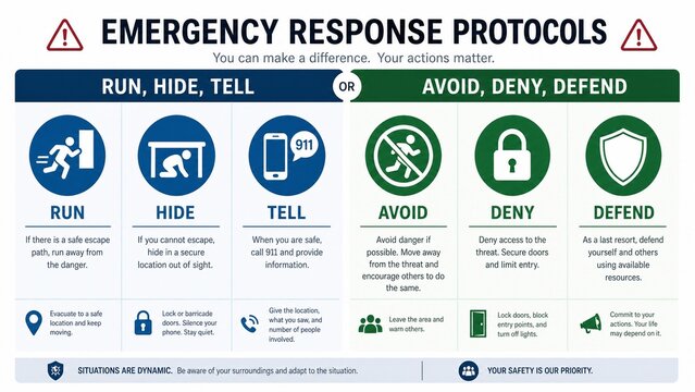 Emergency Response Protocols Infographic Run Hide Tell and Avoid Deny Defend