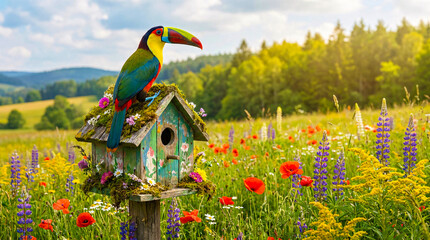 Fototapeta premium Toucan perched on a birdhouse in a vibrant flower meadow