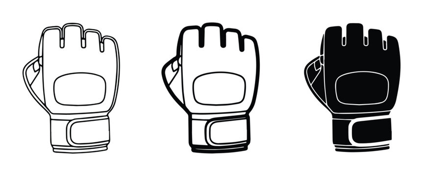 MMA Gloves Vector Icons, Mixed Martial Arts Fingerless Hand Protection, Combat Sports Gear Set