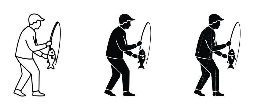 Fisherman with Catch, Silhouette Icon Set: Fishing, Outdoor Recreation, Hobby Icons