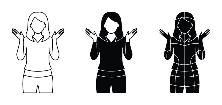 Shrugging Woman Icons, Set of 3 Female Figures, Expressing Uncertainty, Questioning, or Indifference